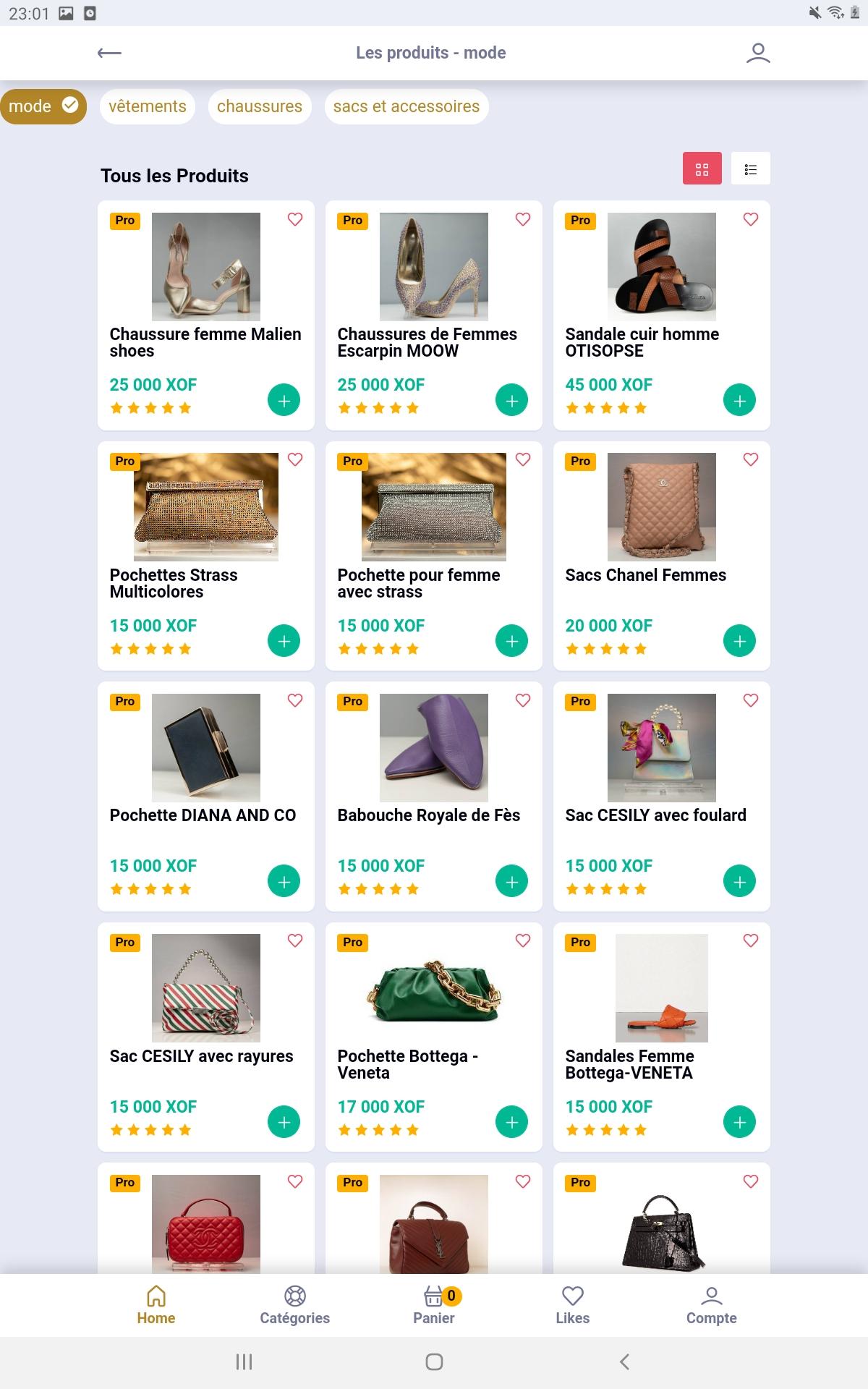 Screenshoot catégories dans sunushopping app